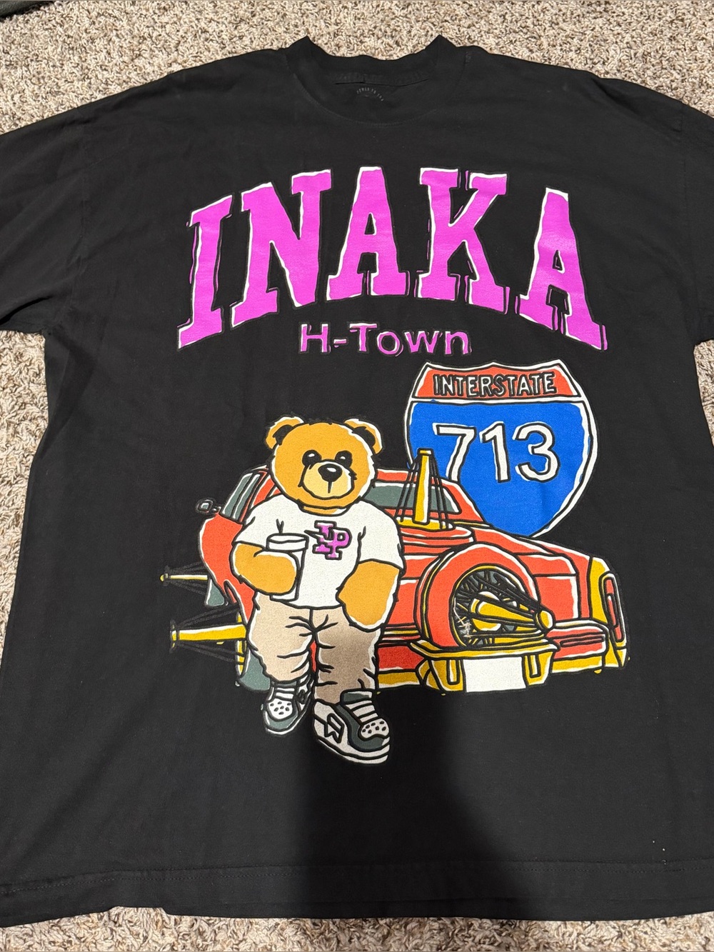 INAKA H-Town Houston 713 Teddy Bear Graphic Streetwear T-Shirt Black
